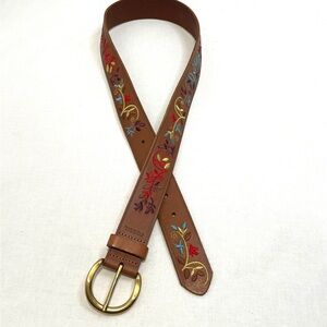 Fossil Brown Leather Floral Embroidered Belt Brass